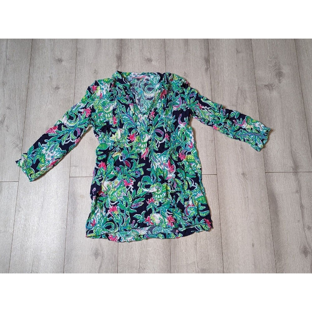 Lilly Pulitzer Sarasota Multicolored Floral V-Neck L/S Top Tunic Blouse Sz S